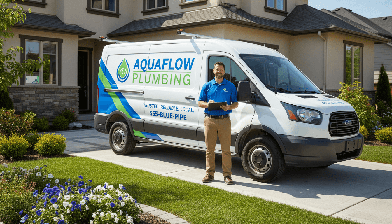 Professional plumbing contractor with branded truck ready for service calls