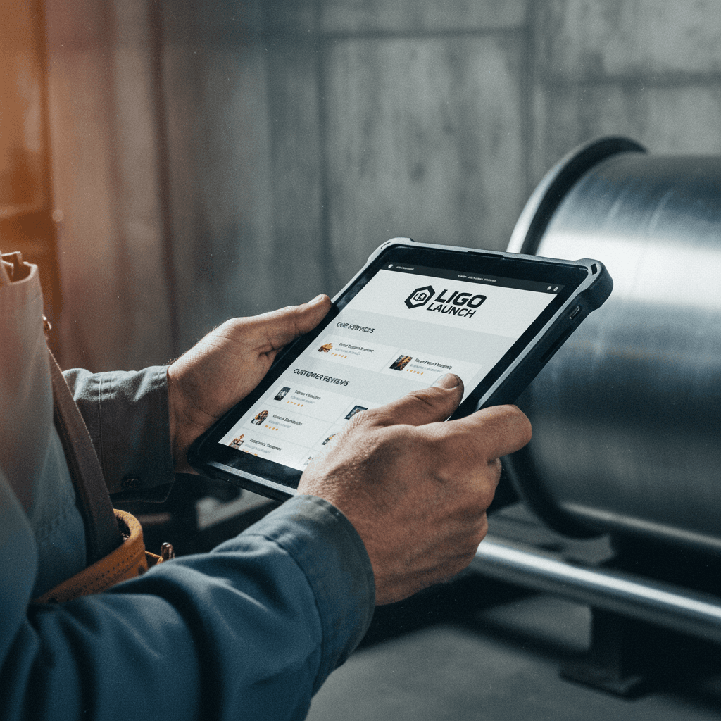 Trade contractor viewing professional Ligo Launch website on tablet