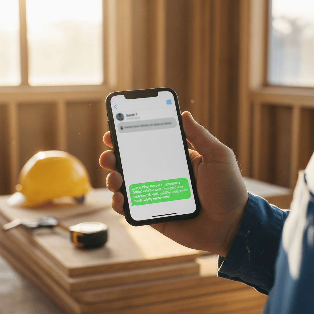 Smartphone showing incoming customer review text message