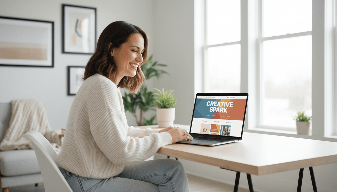 Construction business owner reviewing website on laptop at desk